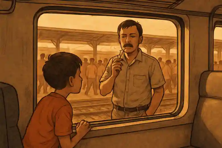 seorang anak sedang melihat ayahnya dari dalam kereta
